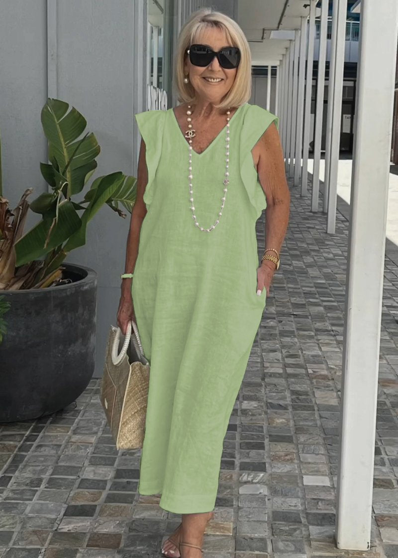 Nora – Be rankovių suknelė su V formos iškirpte